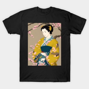 Ukiyo-e Japanese Art - Beautiful Woman Wearing Yellow Kimono T-Shirt